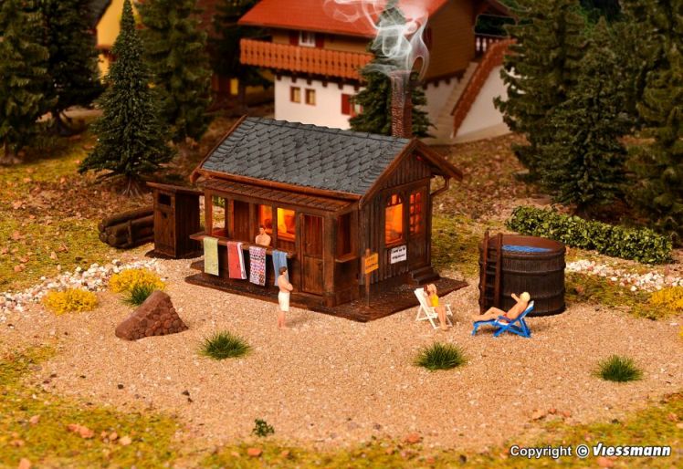 H0-Sauna mit Zubehör und LED-Beleuchtung
