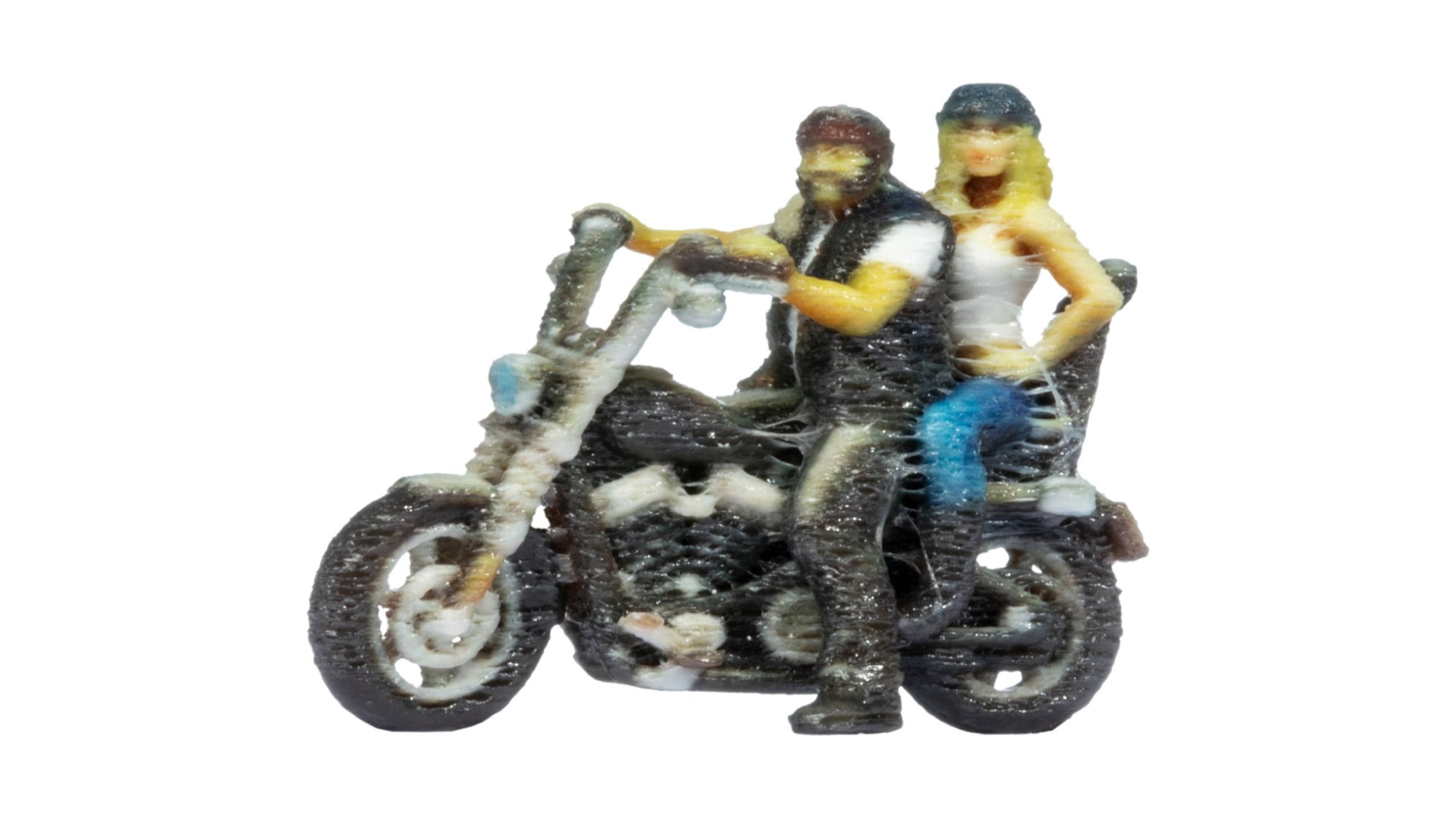 Chopper mit Rocker und Sozia, stehend