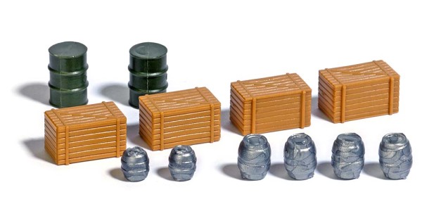 H0-Mini-Set: Holzkisten und Fässer